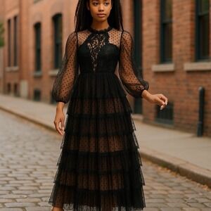 Black Sheer Tiered Polka Dot Midi Dress